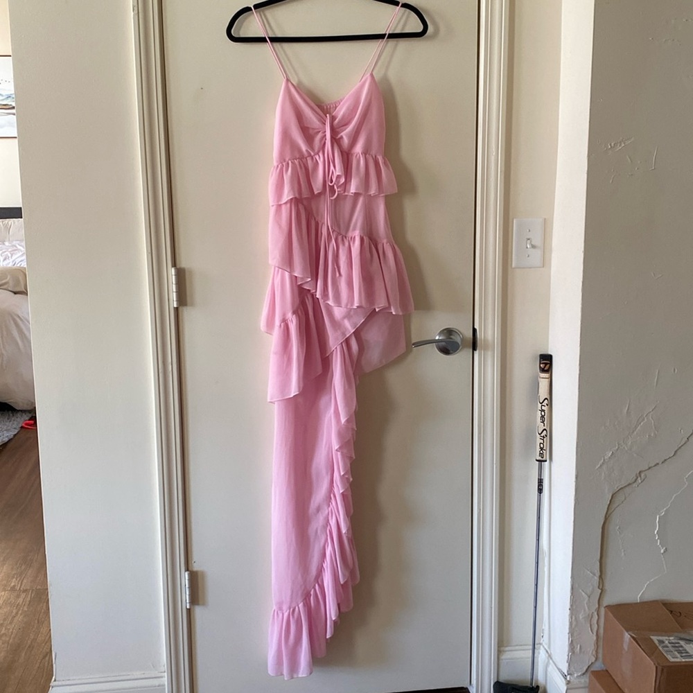SHEIN Asymmetrical baby pink ruffled spaghetti strap dress